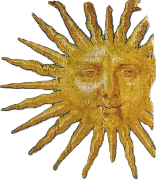a gold sun face on a white background