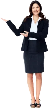 a woman in a business suit pointing at something