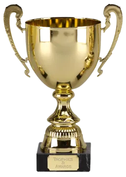 a gold trophy on a black marble base