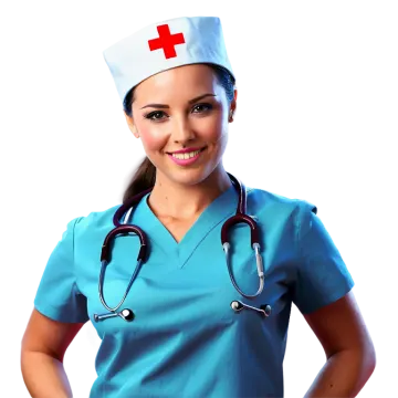 a woman wearing a blue scrub suit and a red cross on her chest