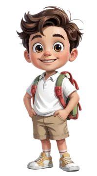 a young boy with brown hair wearing a backpack and smiling
