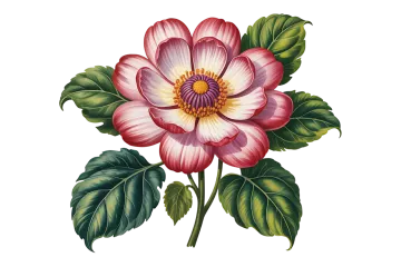 an illustration of a pink flower with green leaves
