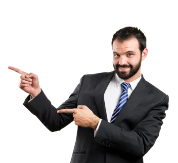 a man in a suit pointing at something
