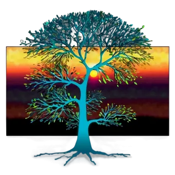 a blue tree with green leaves in front of a sunset