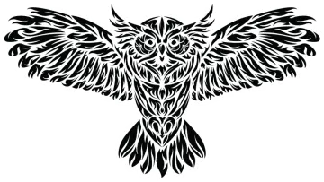 a black and white drawing of an owl with wings