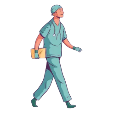 a man in scrubs walking down the street