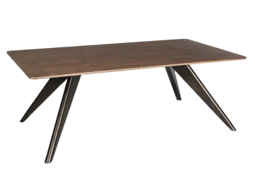 a wooden table with black legs and a walnut top