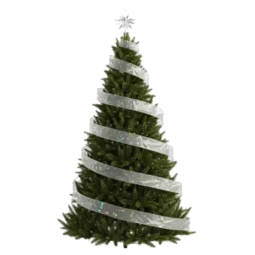 a white christmas tree with silver ribbons on it