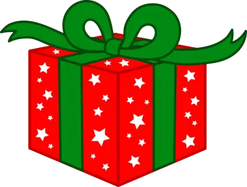 a red gift box with green ribbon and stars