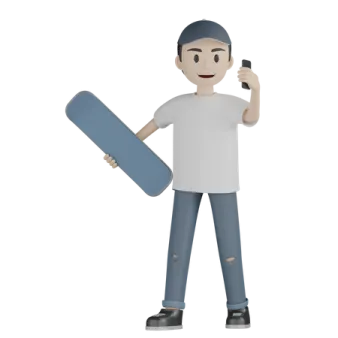 a man holding a skateboard and talking on the phone