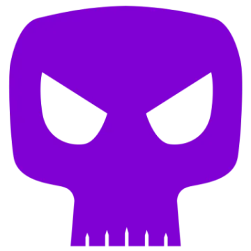 a purple skull with white eyes