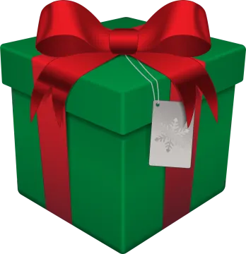 a green gift box with red ribbon and a tag