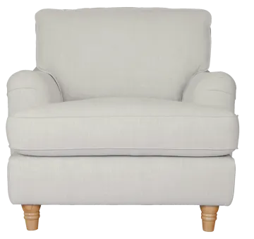 a light grey chair with wooden legs