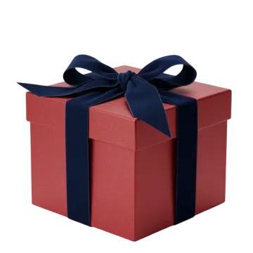 a red gift box with a blue ribbon