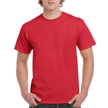 a man wearing a red t - shirt