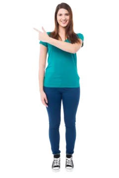 a woman pointing her finger at the camera