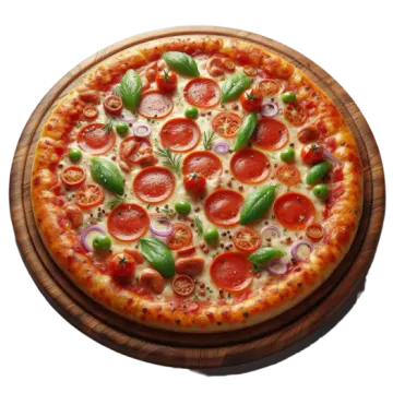 a pizza on a wooden board with pepper, tomatoes and basil
