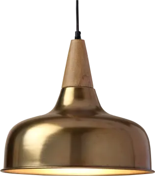 a brass pendant light with a black cord