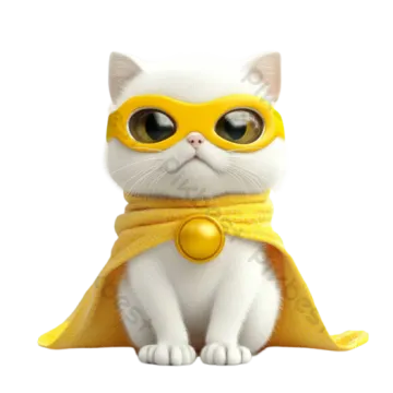 a white cat wearing a yellow cape and mask