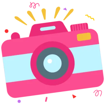 a pink camera with cons around it