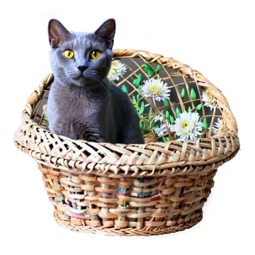 a cat sitting in a basket with flowers