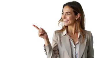 a woman in a business suit pointing at something