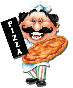 a cartoon character holding up a pizza sign
