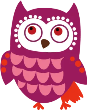 a purple and red owl with big eyes