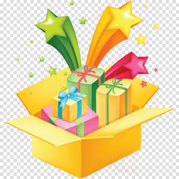 a yellow box with presents and stars on it
