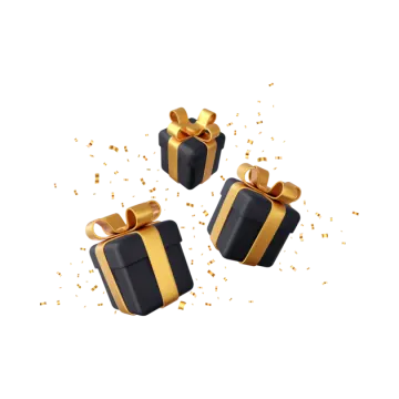 three black gift boxes with gold ribbon and bow