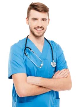 a male doctor standing with his arms crossed