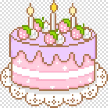 a pixel cake with pink frosting and candles on top