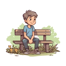 a boy sitting on a bench in the park