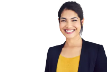 a smiling woman in a yellow shirt and black jacket