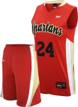 a red and white basketball jersey and shorts