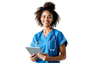 a woman in scrubs holding a tablet and smiling