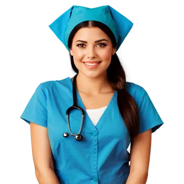 a woman wearing a blue scrub suit and a stel