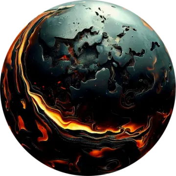 a black and orange sphere with flames on it