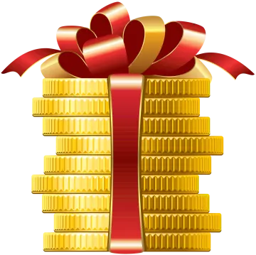 a stack of gold coins with a red bow