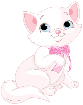 a white cat with a pink bow sitting down