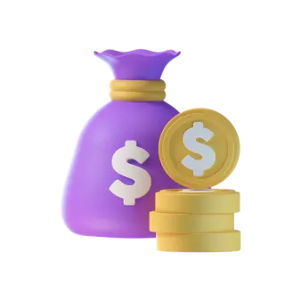 a purple money bag with a dollar coin in it