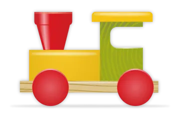 a wooden toy train with red wheels