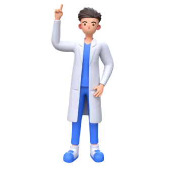 a man in a white coat and blue pants