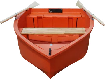 a red boat with two paddles on the front