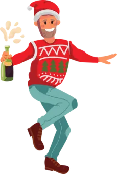 a man in a red sweater and hat holding a beer