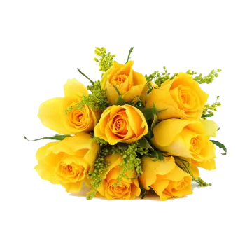 a bouquet of yellow roses and green leaves