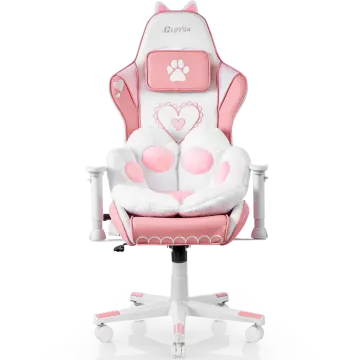 a pink and white chair with a teddy bear on it