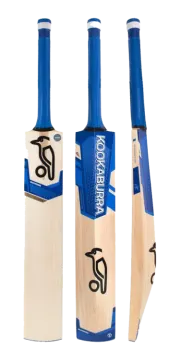 a pair of cricket bats with blue and white logos