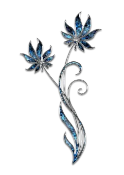 a pair of blue flowers with swirly leaves