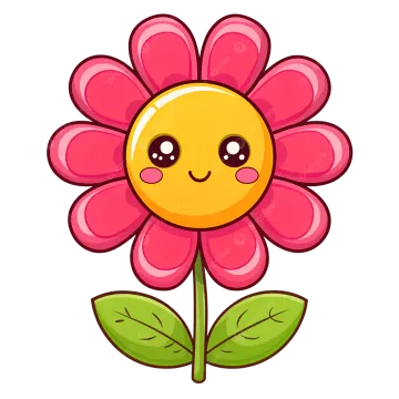a pink flower with a smiling face and green leaves